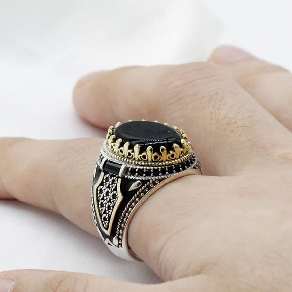 SUKKCCNO Solid 925 Sterling Silver Ring for Men Vintage Oval Shape Black Onyx Stone Ring Turkish Handmade Engrave Two Tone Black Agate Gold Ring Jewelry Gift for Him 11
