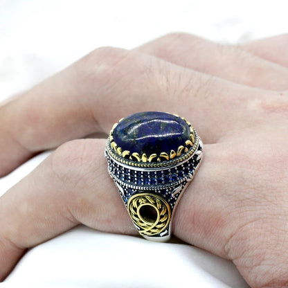 925 sterling real silver ring for men's, Turkish handmade Special Design jewelry ring with Lapis Lazuli Stone