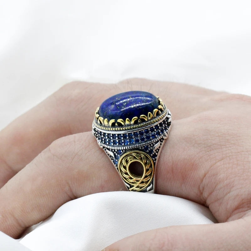 925 sterling real silver ring for men's, Turkish handmade Special Design jewelry ring with Lapis Lazuli Stone