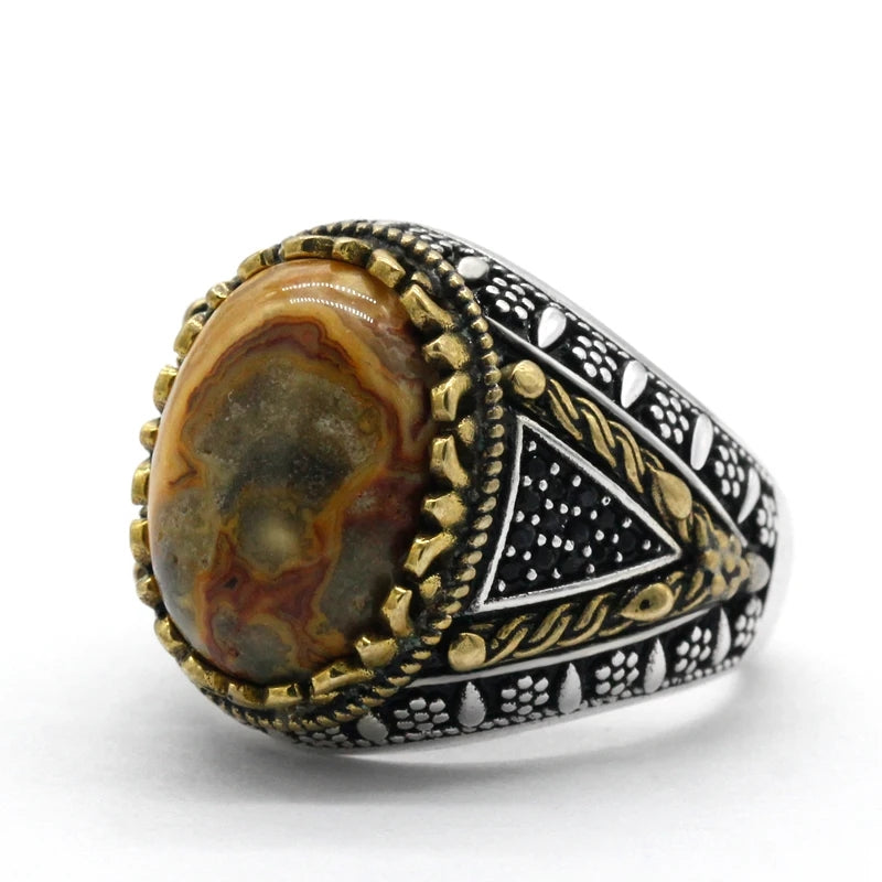 925 sterling real silver ring for men's, Turkish handmade jewelry ring with Natural Crazy Agate Stone