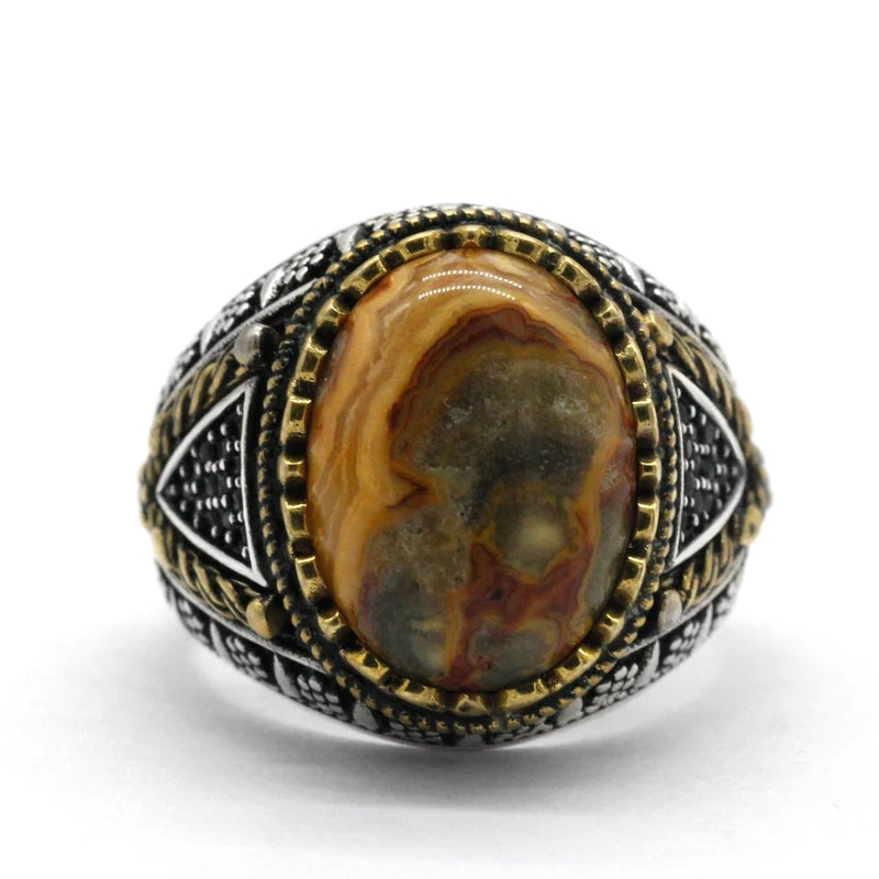 925 sterling real silver ring for men's, Turkish handmade jewelry ring with Natural Crazy Agate Stone