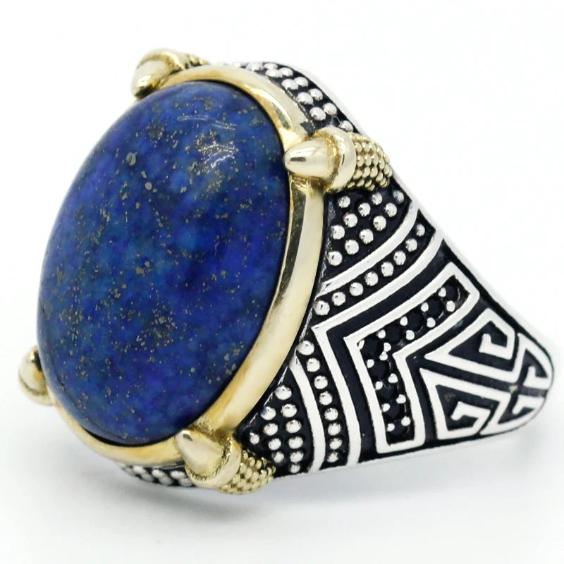 925 sterling real silver ring for men's, Turkish handmade word Design jewelry ring with Lapis Lazuli Stone