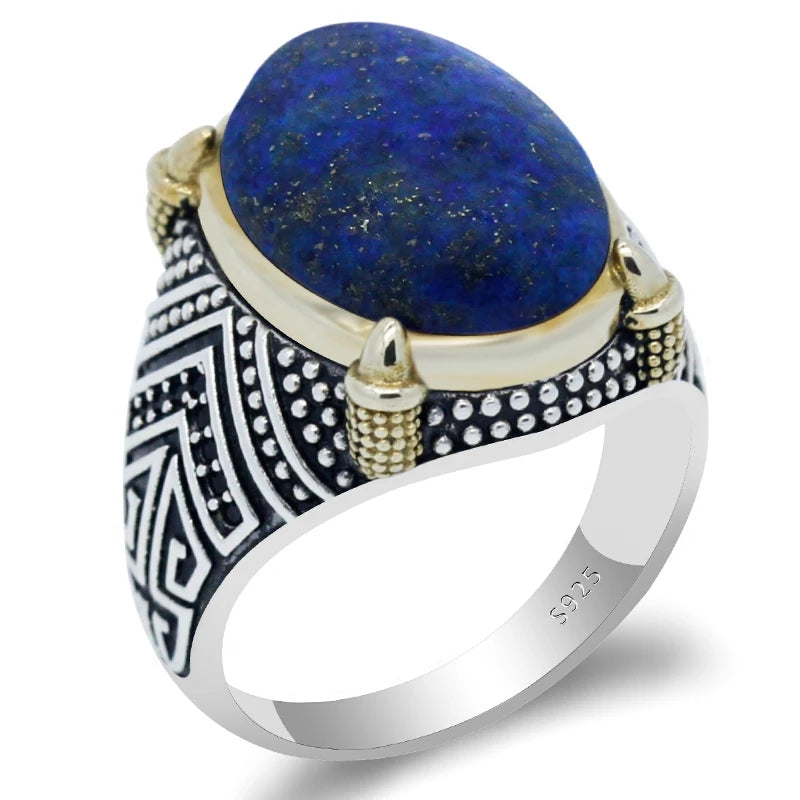 925 sterling real silver ring for men's, Turkish handmade word Design jewelry ring with Lapis Lazuli Stone