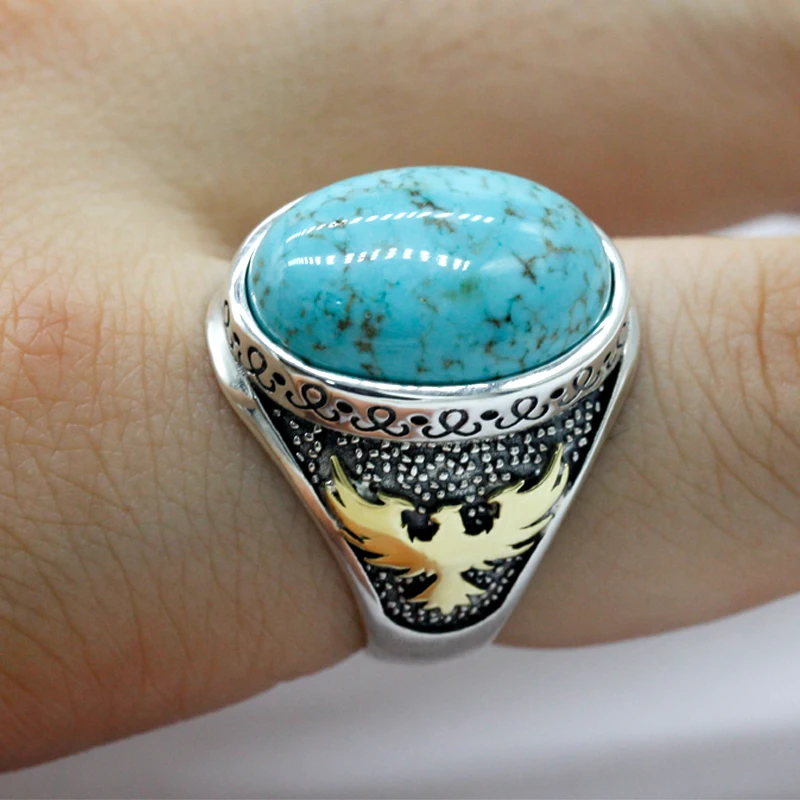 925 sterling real silver ring for men's, Turkish handmade jewelry ring with Turquoise Stone Special Design Oxidized Luxury Men's Ring Unique Craftsmanship