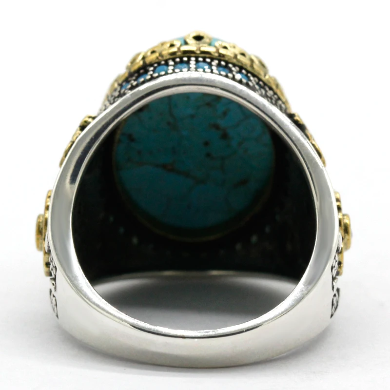 925 sterling real silver ring for men's, Turkish handmade jewelry ring with Natural Turquoise Ring, Carved, with Blue CZ Zirconia Punk Rock