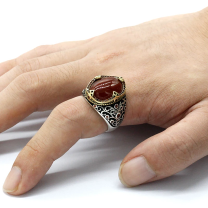 925 sterling real silver ring for men's, Turkish handmade jewelry ring with Red Agate Stone Punk Anchor