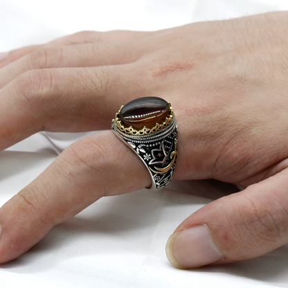 925 sterling real silver ring for men's, Turkish handmade jewelry ring with Tiger Eye Onyx Stone Sword Design