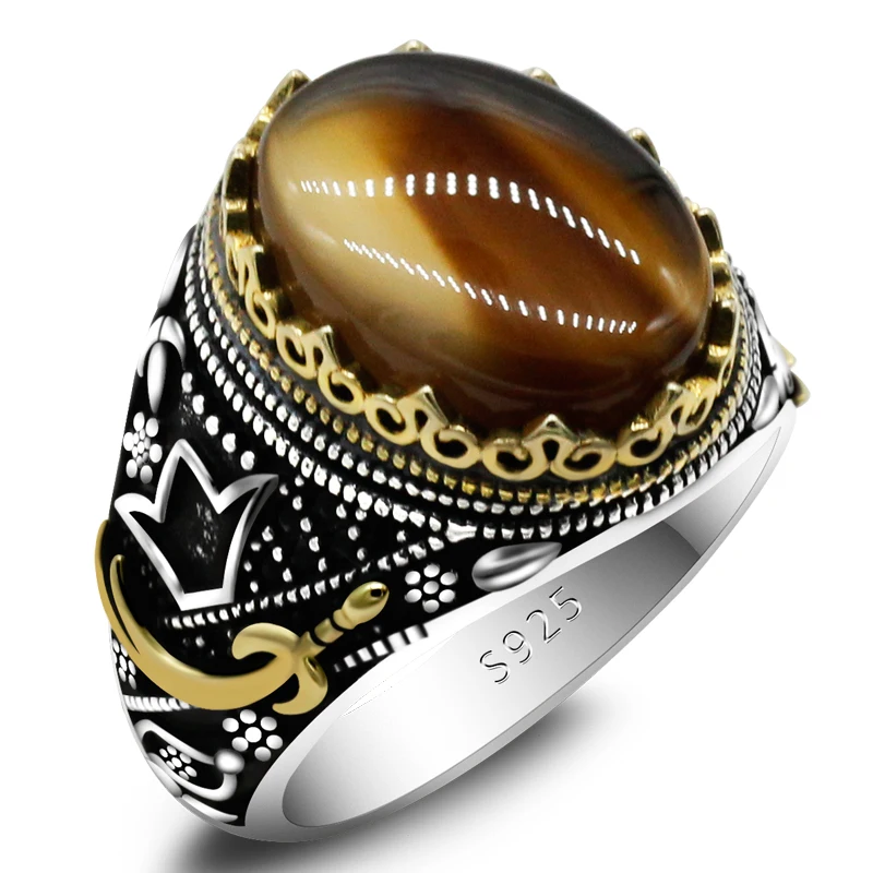 925 sterling real silver ring for men's, Turkish handmade jewelry ring with Tiger Eye Onyx Stone Sword Design