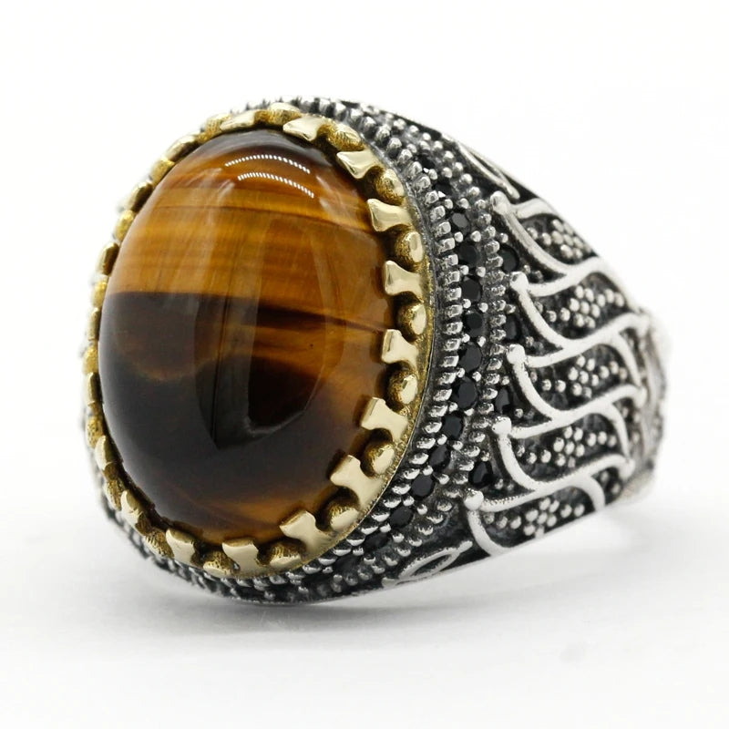 925 sterling real silver ring for men's, Turkish handmade jewelry ring with Natural Tiger Eye stone