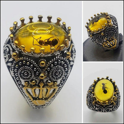 Men's Ring Stainless Silver Ring Retro Creative Old Agate Carved Pattern Ring ant Yellow Unisex