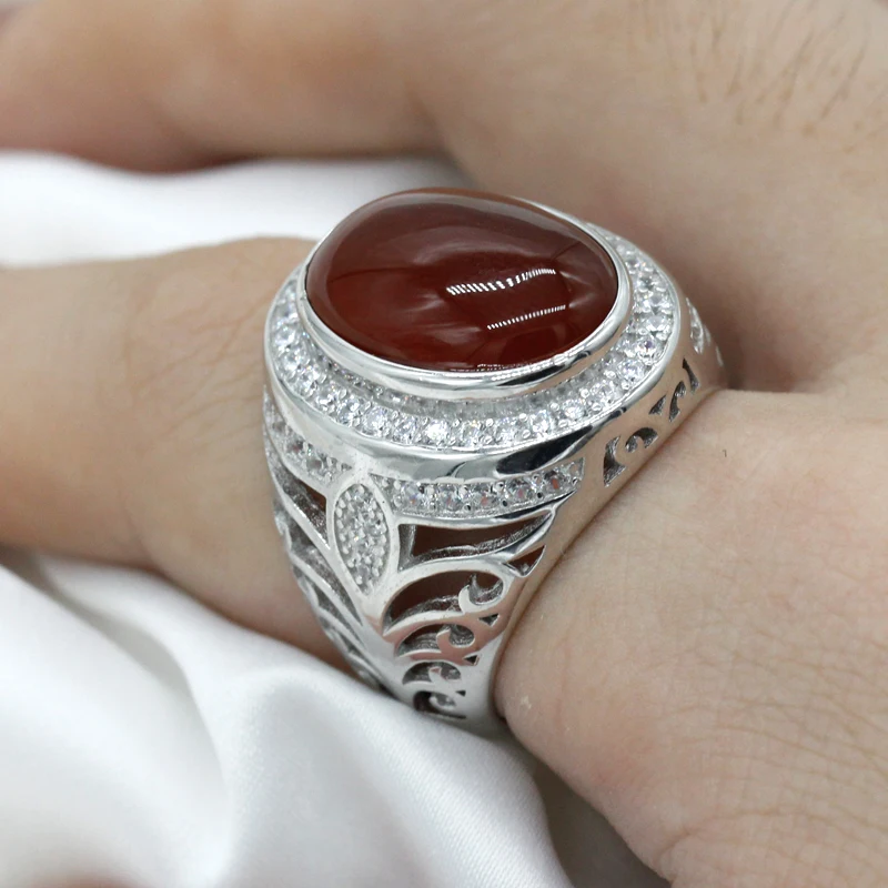 925 sterling real silver ring for men's, Turkish handmade word Design jewelry ring with Red Agate