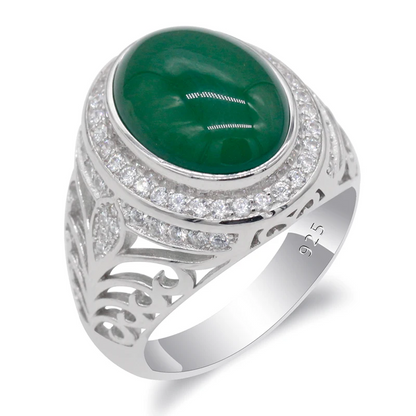 925 sterling real silver ring for men's, Turkish handmade word Design jewelry ring with Green Agate Stone