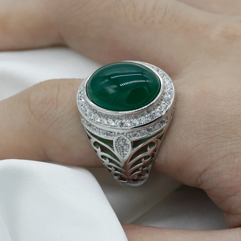 925 sterling real silver ring for men's, Turkish handmade word Design jewelry ring with Green Agate Stone