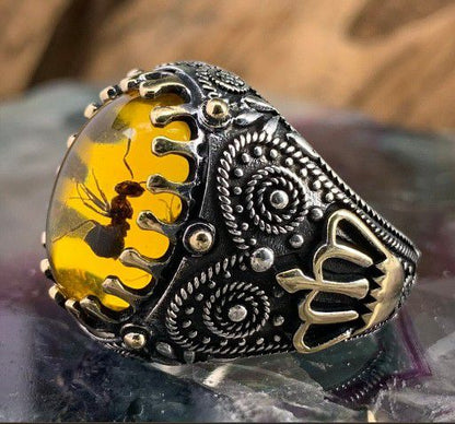 Men's Ring Stainless Silver Ring Retro Creative Old Agate Carved Pattern Ring ant Yellow Unisex