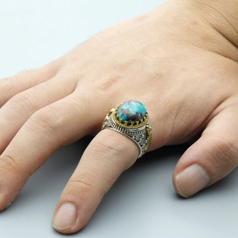 925 sterling real silver ring for men's, Turkish handmade jewelry ring with turquoise stone - Sword Design