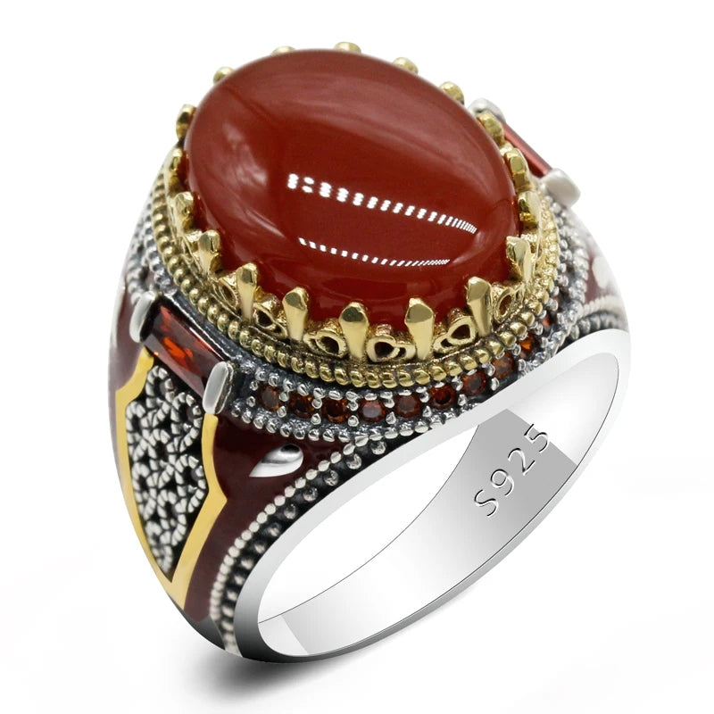 925 sterling real silver ring for men's, Turkish handmade jewelry ring with Red Agate Stone New Design