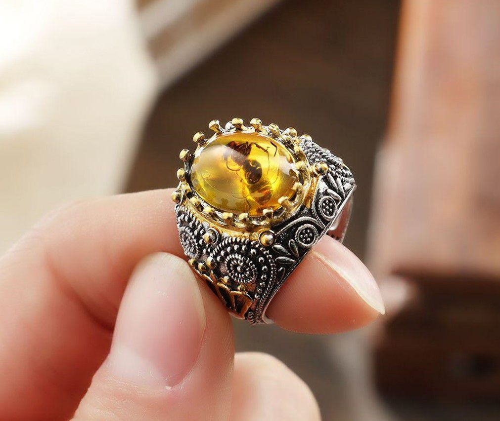 Men's Ring Stainless Silver Ring Retro Creative Old Agate Carved Pattern Ring ant Yellow Unisex