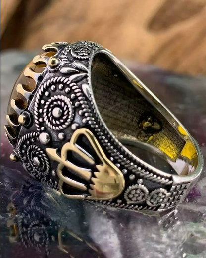 Men's Ring Stainless Silver Ring Retro Creative Old Agate Carved Pattern Ring ant Yellow Unisex