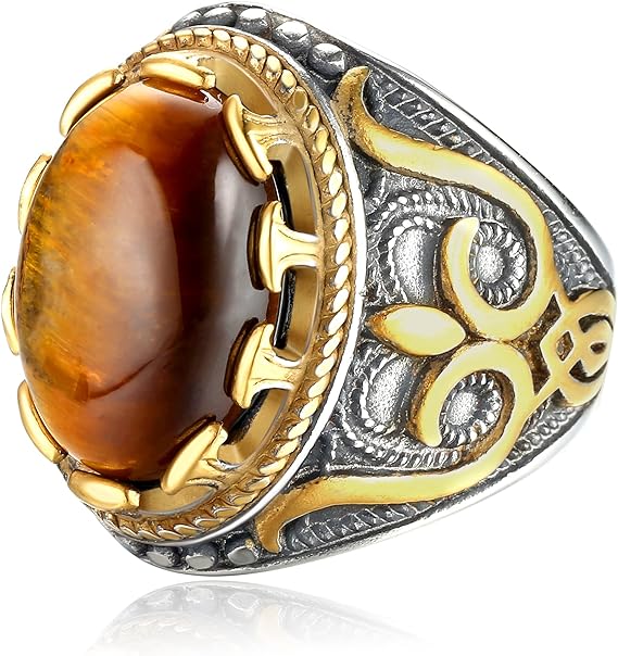 stainless silver Dochais Retro Large Tiger Eye Stone Mens Ring