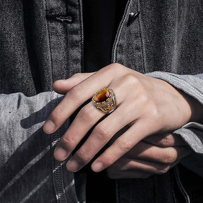 stainless silver Dochais Retro Large Tiger Eye Stone Mens Ring