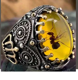 Men's Ring Stainless Silver Ring Retro Creative Old Agate Carved Pattern Ring ant Yellow Unisex