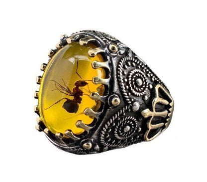 Men's Ring Stainless Silver Ring Retro Creative Old Agate Carved Pattern Ring ant Yellow Unisex