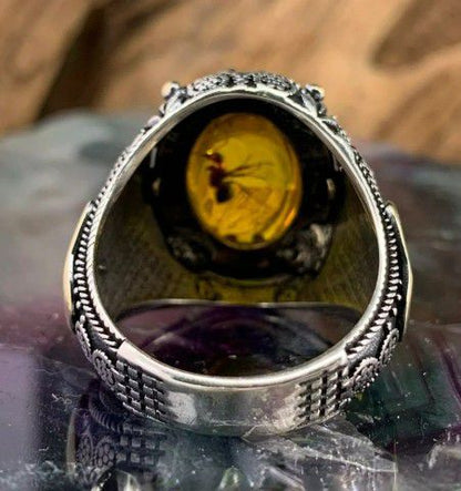 Men's Ring Stainless Silver Ring Retro Creative Old Agate Carved Pattern Ring ant Yellow Unisex