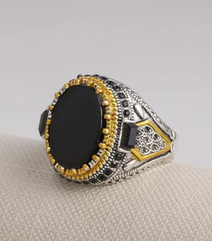 Slim Design Natural Black Agate Stone Ring Stainless Silver Golden Crown Male Ring Turkish Handmade Jewelry Gift