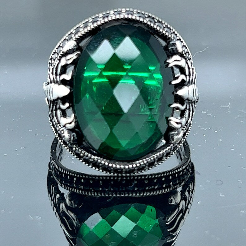 Stainless silver Emerald color Stone Ring , Scorpion Ring , Men Handmade Ring