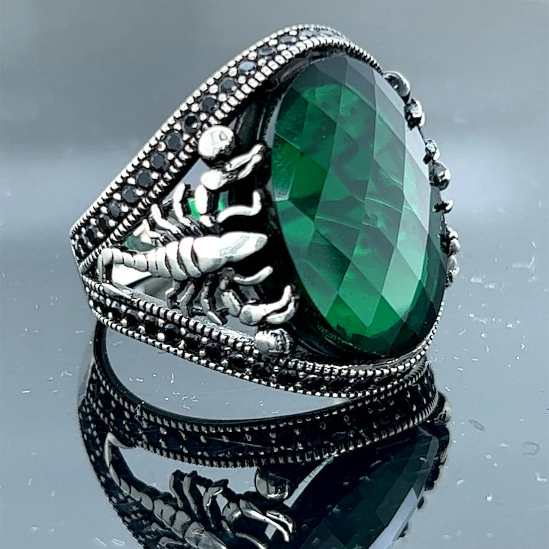 Stainless silver Emerald color Stone Ring , Scorpion Ring , Men Handmade Ring